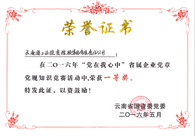 2016年云南省國資委黨委授予工投榮譽證書